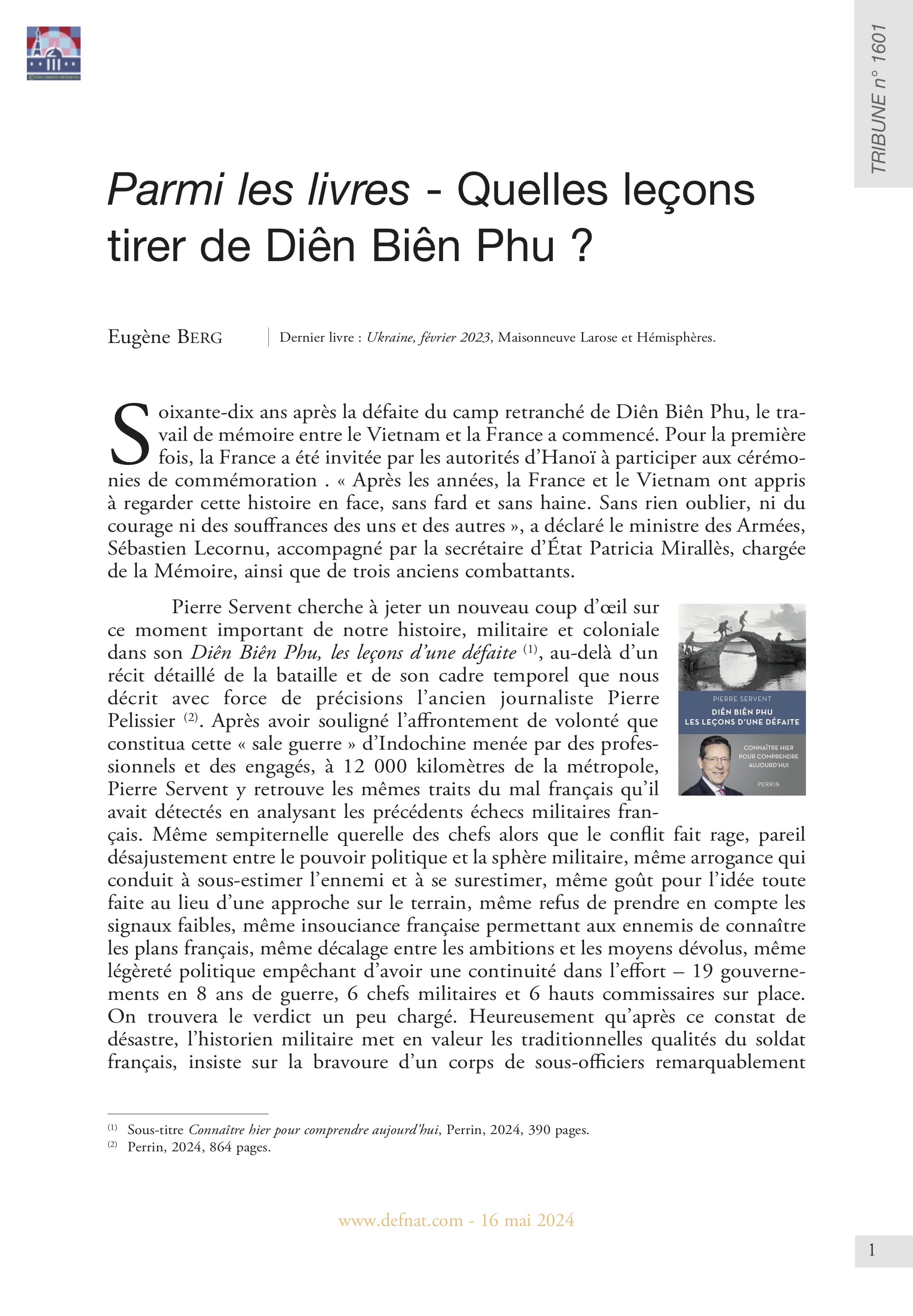 Parmi les livres - Quelles leçons tirer de Diên Biên Phu ? (T 1601)
